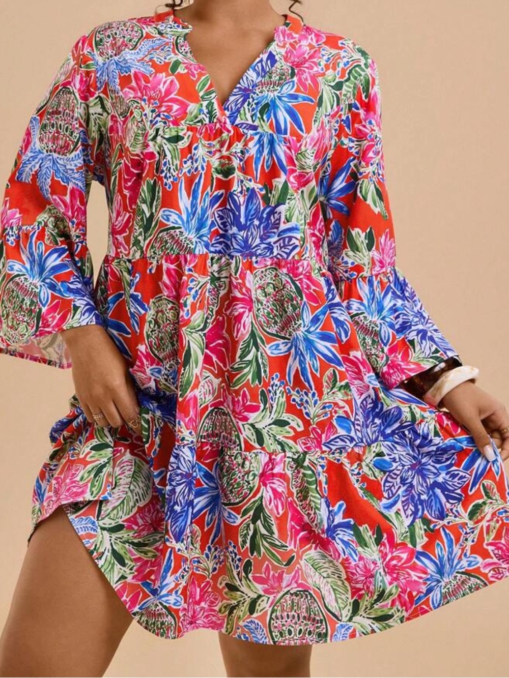 Vibrant Floral Tiered Flowy Dress in Red